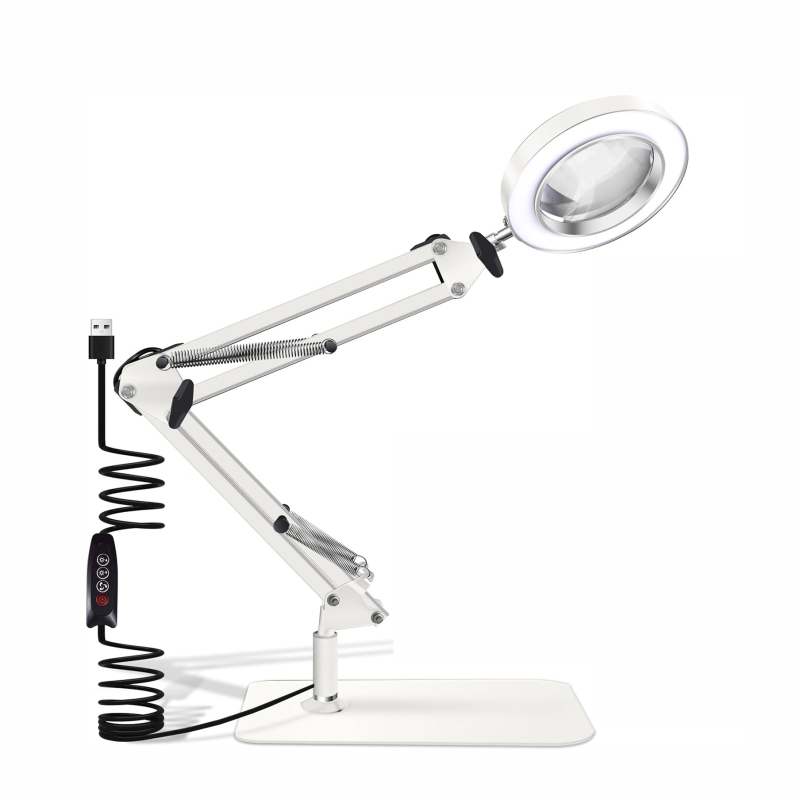 Lampa s povećalom i klipom, USB napajanje, sklopiva stolna lampa za čitanje s 8x/10x povećanjem, metalno sjenilo, 10–15W, CRI ≥90, 3000–6500K, 3 razine svjetline