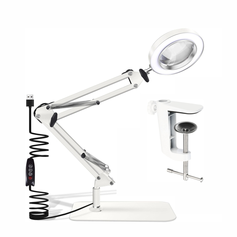 Lampa s povećalom i klipom, USB napajanje, sklopiva stolna lampa za čitanje s 8x/10x povećanjem, metalno sjenilo, 10–15W, CRI ≥90, 3000–6500K, 3 razine svjetline