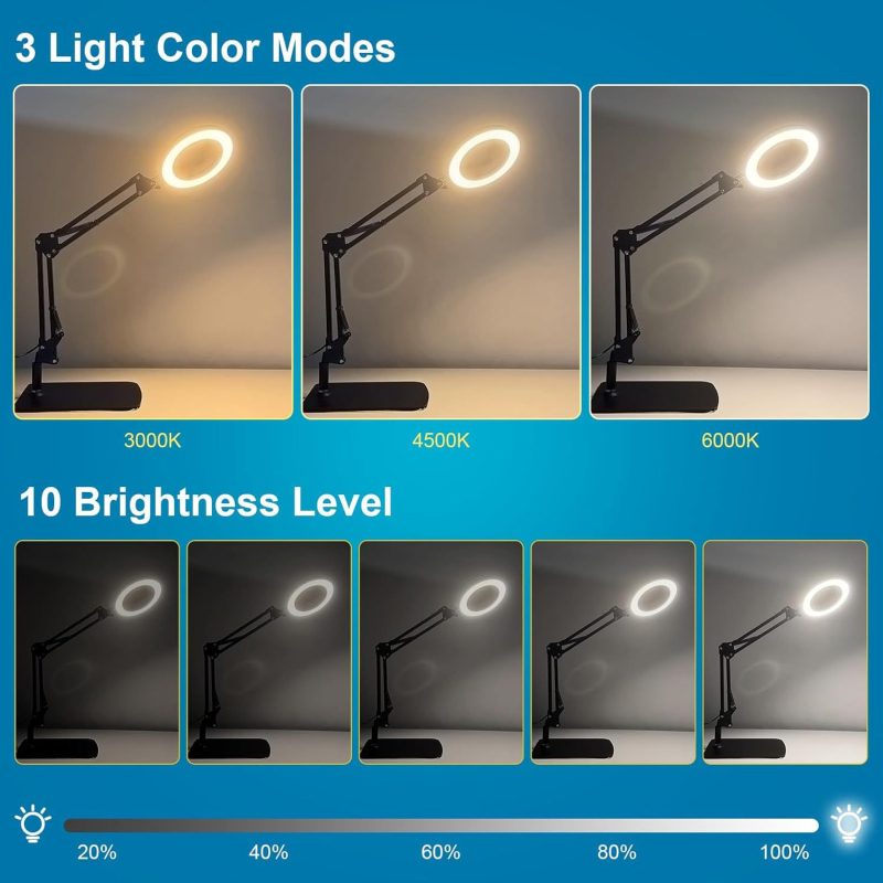 Lampa s povećalom i klipom, USB napajanje, sklopiva stolna lampa za čitanje s 8x/10x povećanjem, metalno sjenilo, 10–15W, CRI ≥90, 3000–6500K, 3 razine svjetline