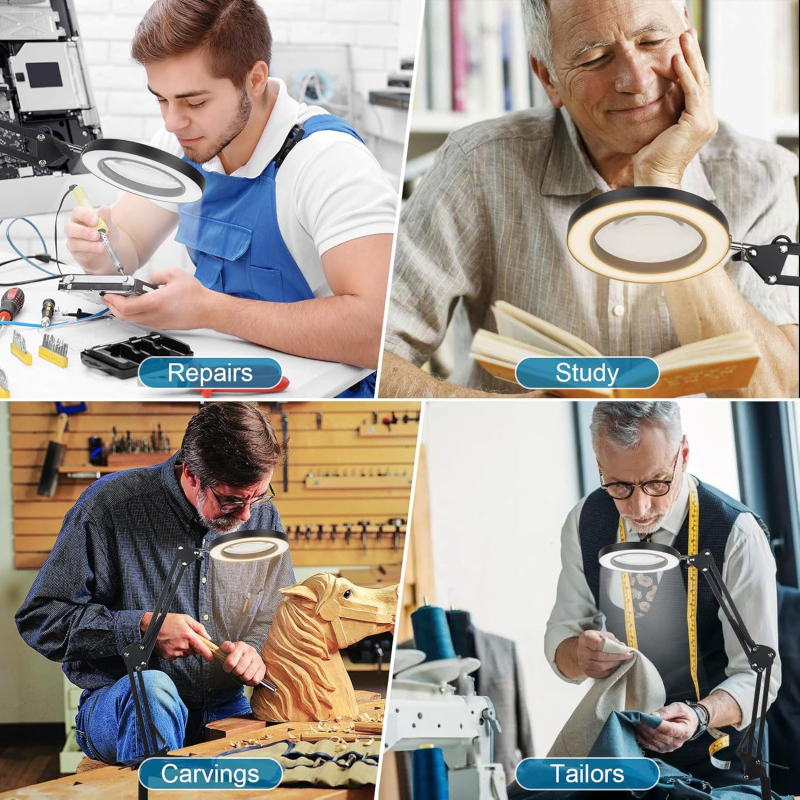 Lampa s povećalom i klipom, USB napajanje, sklopiva stolna lampa za čitanje s 8x/10x povećanjem, metalno sjenilo, 10–15W, CRI ≥90, 3000–6500K, 3 razine svjetline