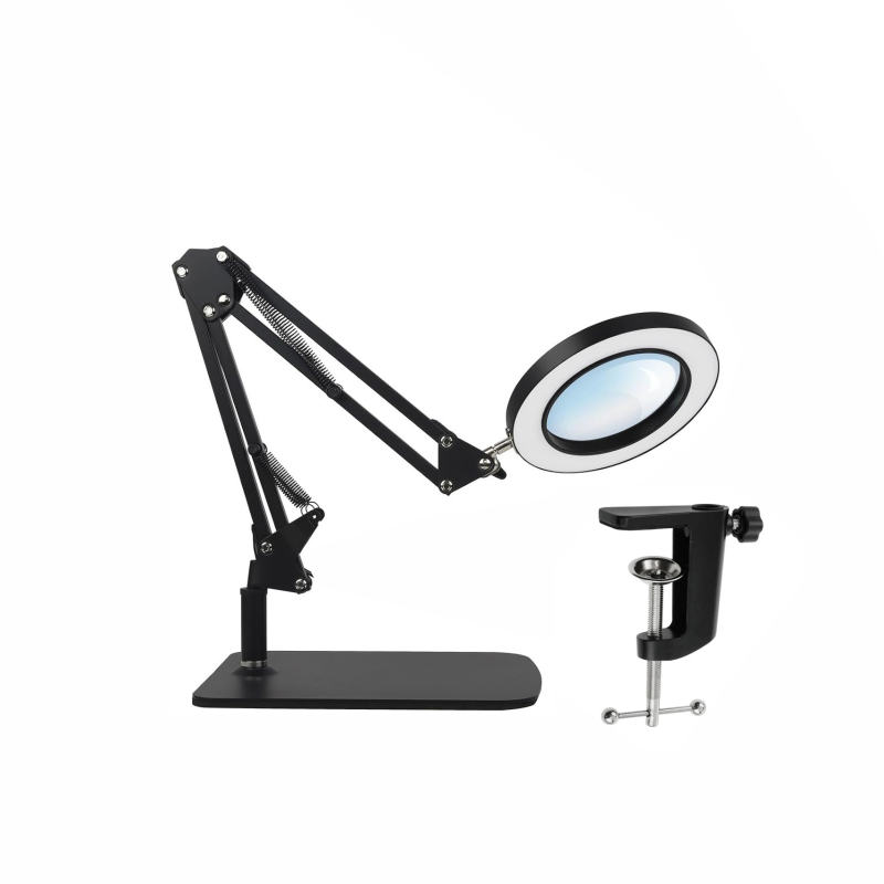 Lampa s povećalom i klipom, USB napajanje, sklopiva stolna lampa za čitanje s 8x/10x povećanjem, metalno sjenilo, 10–15W, CRI ≥90, 3000–6500K, 3 razine svjetline