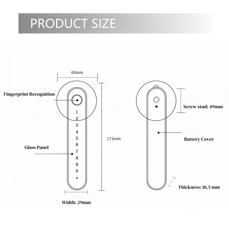 KK 9401 Vnútorný jednoručný zámok na drevené dvere – Bluetooth heslo, otlačok prsta, karta a kľúč; batériové napájanie; viac ako 1 000 000 otvorení; skenovanie 0,01 s