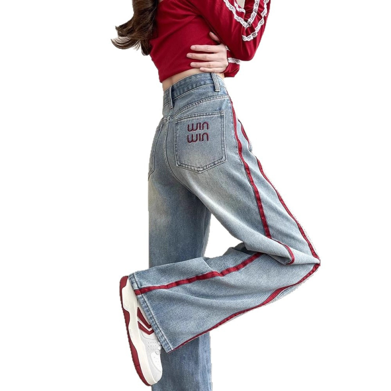 Бродирани дънкови джинси, висока талия, широки крачоли, дълги до пода