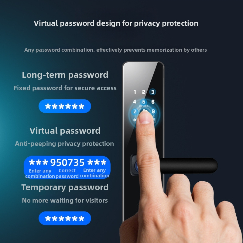 Умна брава за входна врата с пръстов отпечатък, парола и карта — 50 запазени отпечатъка; над 100 000 отключвания; време за сканиране <0,5 сек; фалшиво разпознаване <0,001%; фалшиво отхвърляне <1%