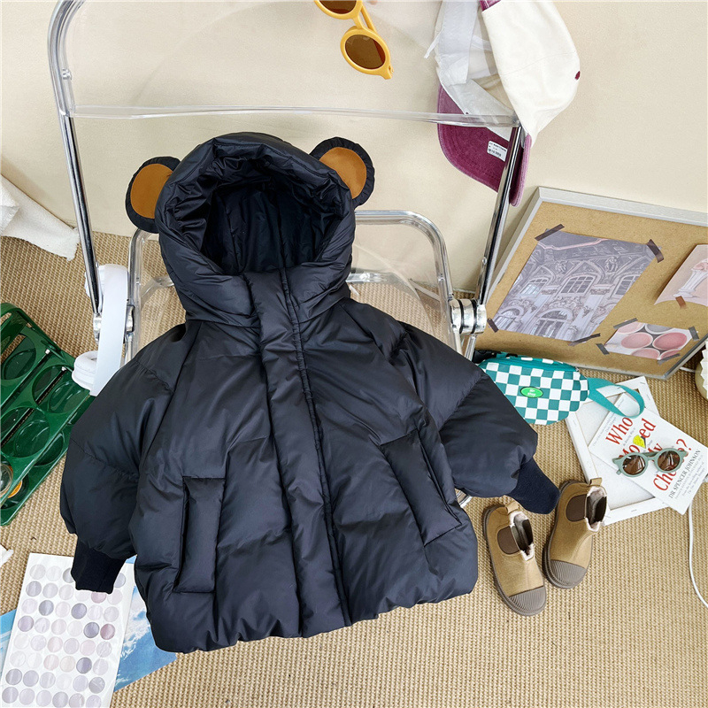 Детско пухено яке с качулка, корейски стил, средна дължина, свободна кройка, пълнеж от патешки пух