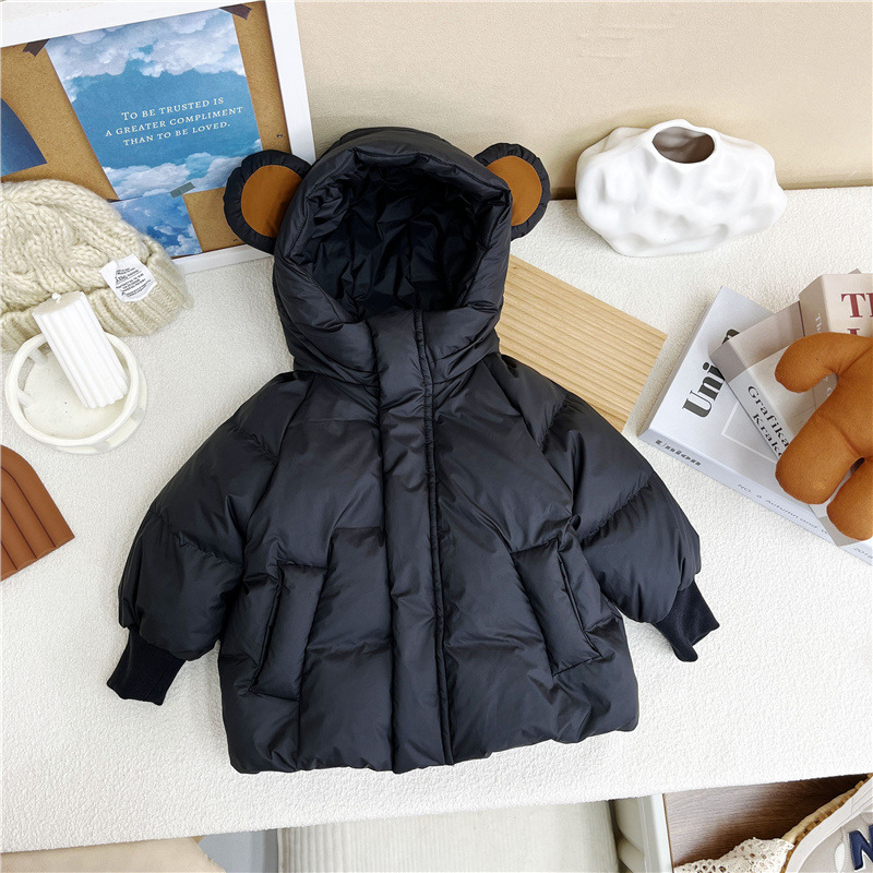 Детско пухено яке с качулка, корейски стил, средна дължина, свободна кройка, пълнеж от патешки пух