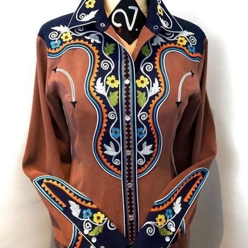 Женска блуза-поло с поло яка, дълги ръкави, тясна кройка, средна дължина, памучно-полиестерова смес с еластан, геометричен принт