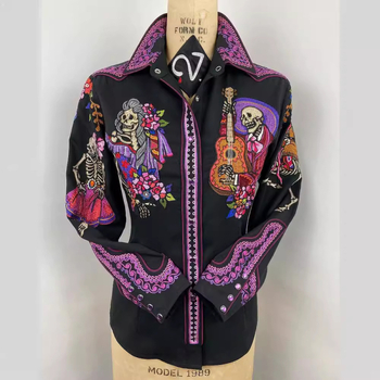 Женска блуза-поло с поло яка, дълги ръкави, тясна кройка, средна дължина, памучно-полиестерова смес с еластан, геометричен принт