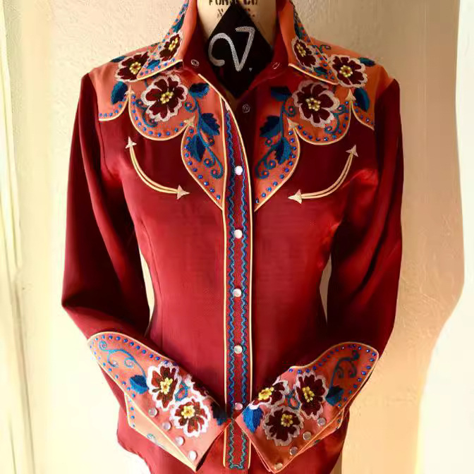 Женска блуза-поло с поло яка, дълги ръкави, тясна кройка, средна дължина, памучно-полиестерова смес с еластан, геометричен принт