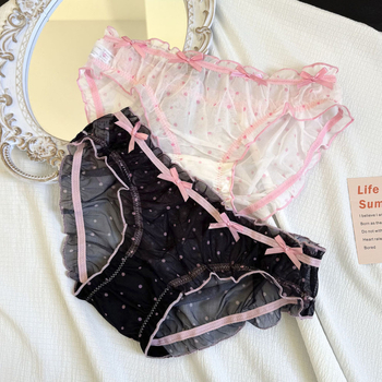 Дамски дантелени бикини с точкова шарка, полупрозрачни, акцент с панделка (дантелен плат: найлонова дантела, 31–40D, средно висока талия, памучен хастар на чатала, тъкано плетиво)