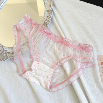 Дамски дантелени бикини с точкова шарка, полупрозрачни, акцент с панделка (дантелен плат: найлонова дантела, 31–40D, средно висока талия, памучен хастар на чатала, тъкано плетиво)