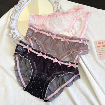 Дамски дантелени бикини с точкова шарка, полупрозрачни, акцент с панделка (дантелен плат: найлонова дантела, 31–40D, средно висока талия, памучен хастар на чатала, тъкано плетиво)