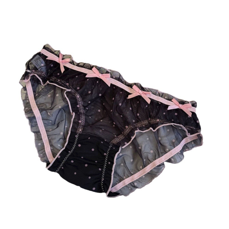 Дамски дантелени бикини с точкова шарка, полупрозрачни, акцент с панделка (дантелен плат: найлонова дантела, 31–40D, средно висока талия, памучен хастар на чатала, тъкано плетиво)