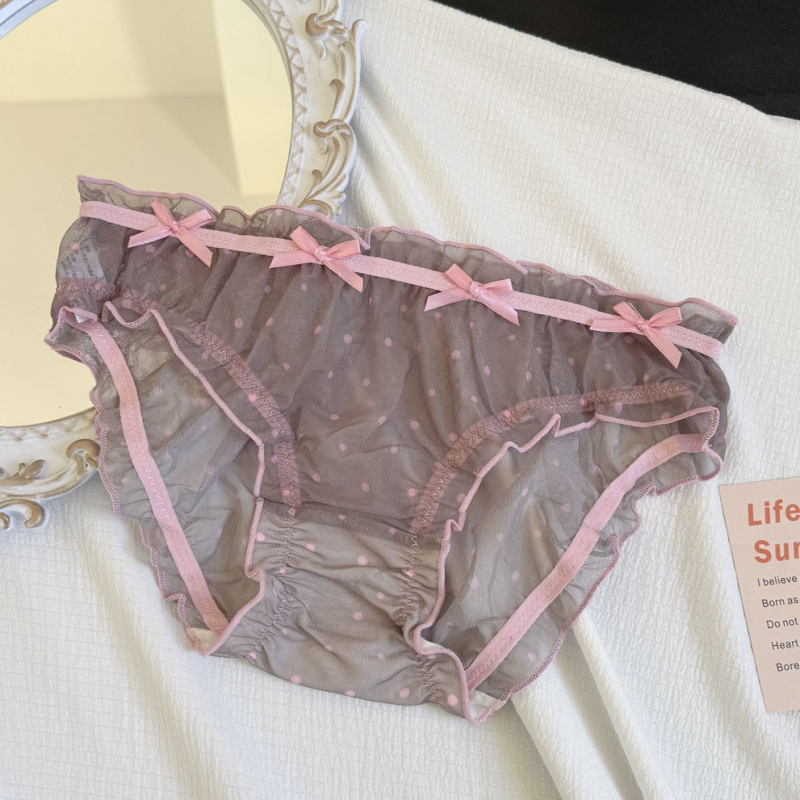 Дамски дантелени бикини с точкова шарка, полупрозрачни, акцент с панделка (дантелен плат: найлонова дантела, 31–40D, средно висока талия, памучен хастар на чатала, тъкано плетиво)