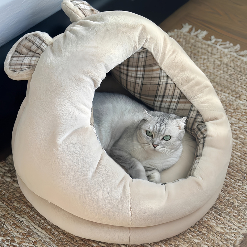 Затворено гнездо за домашни любимци, подходящо за кучета и котки, топло през зимата (Материал: Jade rabbit velvet + полиестер памук в каре; Категория: гнездо за домашни любимци; За: кучета; Почистване: избърсване; Монтаж: без монтаж)