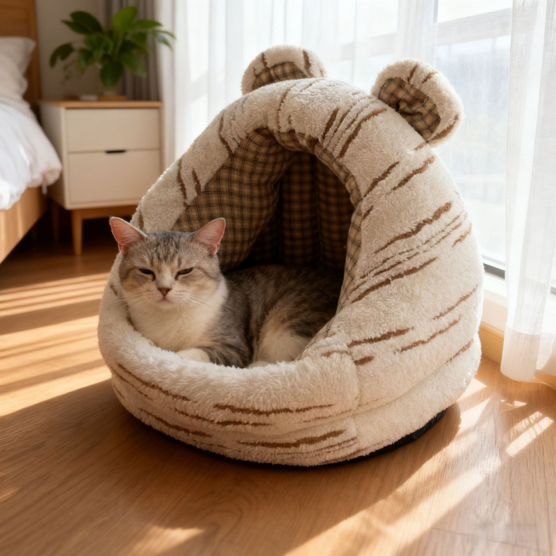 Затворено гнездо за домашни любимци, подходящо за кучета и котки, топло през зимата (Материал: Jade rabbit velvet + полиестер памук в каре; Категория: гнездо за домашни любимци; За: кучета; Почистване: избърсване; Монтаж: без монтаж)