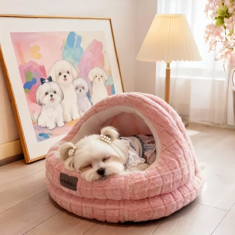 Затворено гнездо за домашни любимци, подходящо за кучета и котки, топло през зимата (Материал: Jade rabbit velvet + полиестер памук в каре; Категория: гнездо за домашни любимци; За: кучета; Почистване: избърсване; Монтаж: без монтаж)