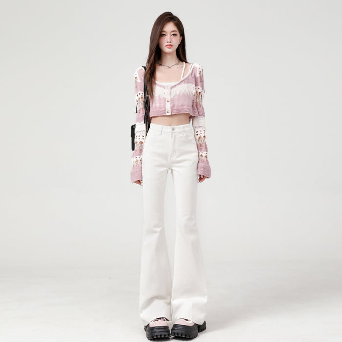 Traperice visokog struka, blago širećeg kroja, oprane, 70–80% pamuka, japansko-korejski casual stil