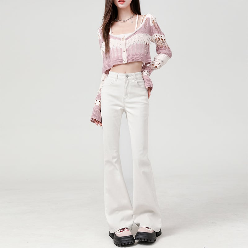 Traperice visokog struka, blago širećeg kroja, oprane, 70–80% pamuka, japansko-korejski casual stil