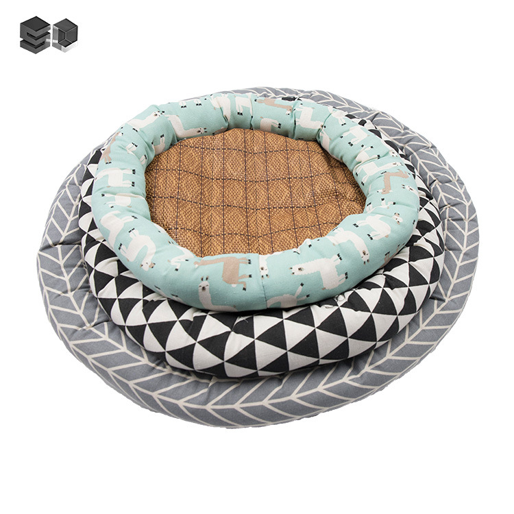 Кръгло гнездо за домашни любимци за котки и кучета — платно, лятна мат, PP памук, пластмасово антиплъзгащо дъно