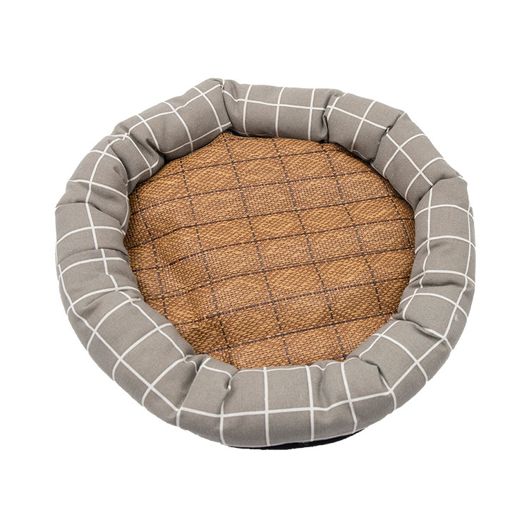 Кръгло гнездо за домашни любимци за котки и кучета — платно, лятна мат, PP памук, пластмасово антиплъзгащо дъно
