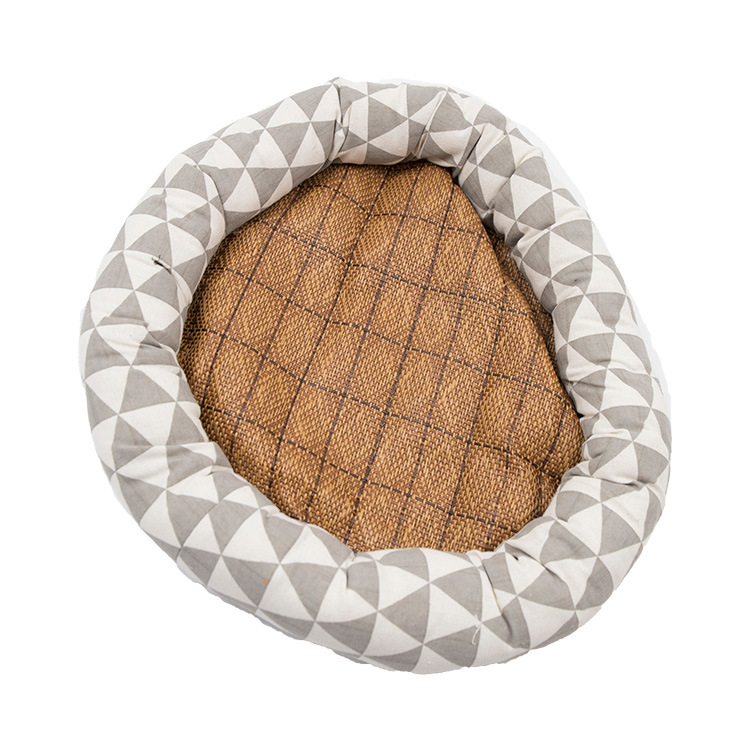 Кръгло гнездо за домашни любимци за котки и кучета — платно, лятна мат, PP памук, пластмасово антиплъзгащо дъно