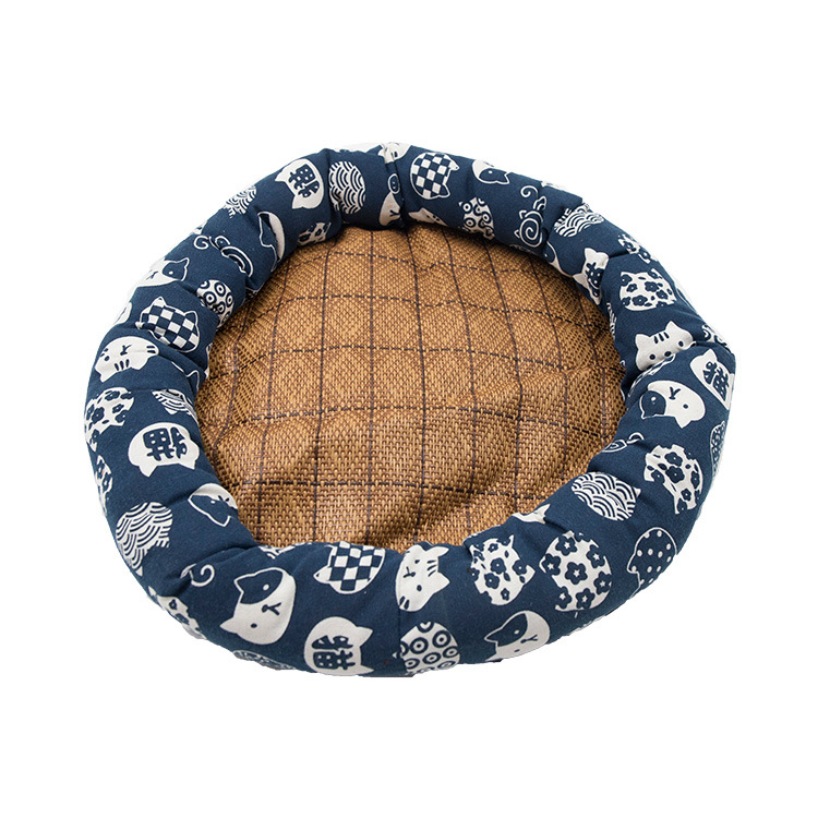 Кръгло гнездо за домашни любимци за котки и кучета — платно, лятна мат, PP памук, пластмасово антиплъзгащо дъно