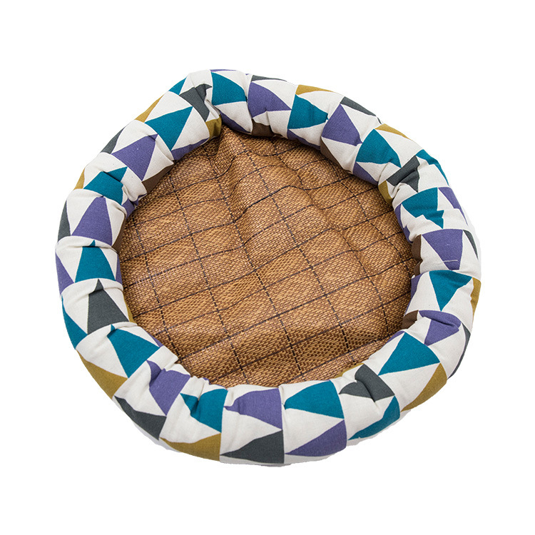 Кръгло гнездо за домашни любимци за котки и кучета — платно, лятна мат, PP памук, пластмасово антиплъзгащо дъно