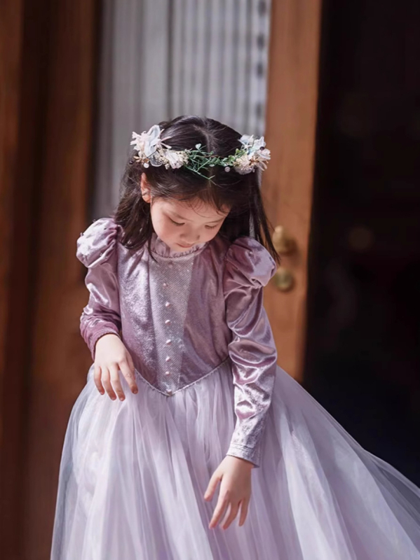 Dječja haljina u stilu princeze, koreanski velur, 50% elastan, UV zaštita, jesen 2024