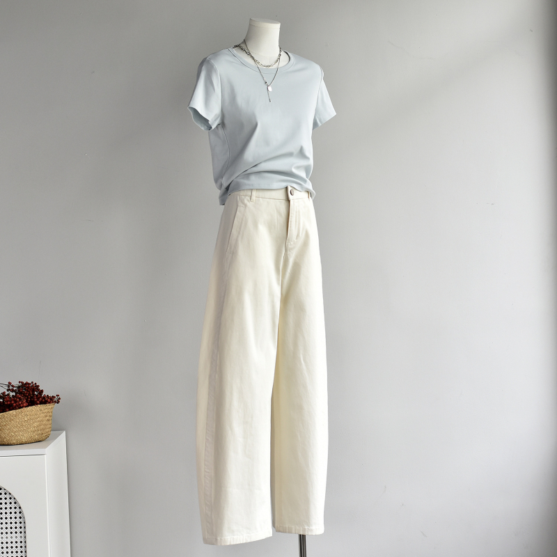 Pamukaste denims široke hlače, visoki struk, Ice-Wash, mikroelastične