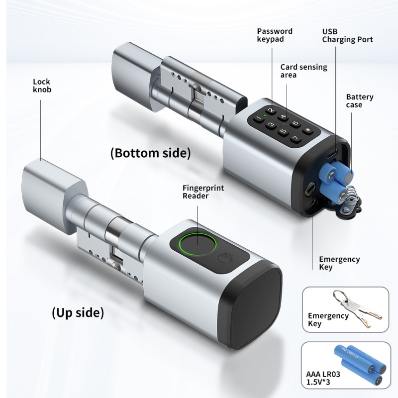 Κύλινδρος έξυπνης κλειδαριάς με Bluetooth, αναγνώριση δακτυλικού αποτυπώματος, κωδικό πρόσβασης και ανάγνωση κάρτας — Προέλευση: Γκουανγκντόνγκ, Κίνα
