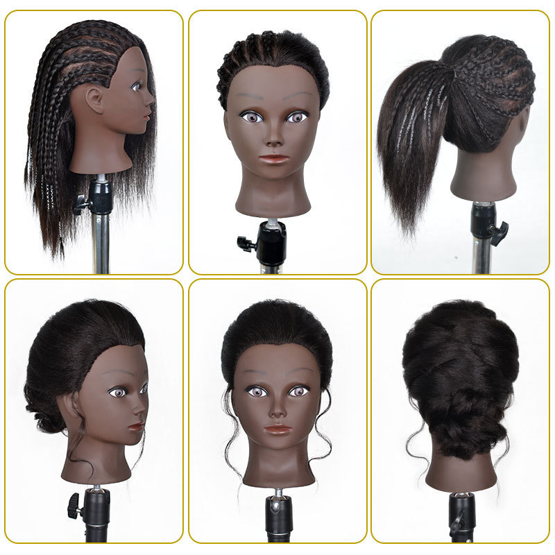 Cap de instruire cu piele închisă la culoare și păr natural, păr lung drept cu breton lateral, potrivit pentru vopsire și stilizare