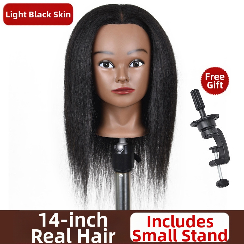 Cap de instruire cu piele închisă la culoare și păr natural, păr lung drept cu breton lateral, potrivit pentru vopsire și stilizare