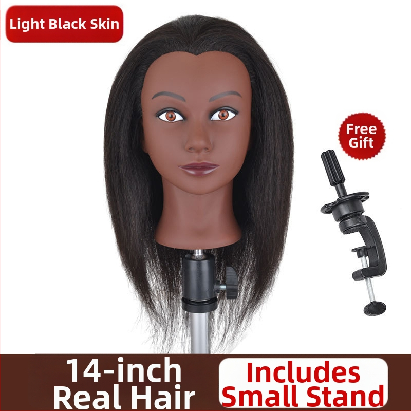 Cap de instruire cu piele închisă la culoare și păr natural, păr lung drept cu breton lateral, potrivit pentru vopsire și stilizare