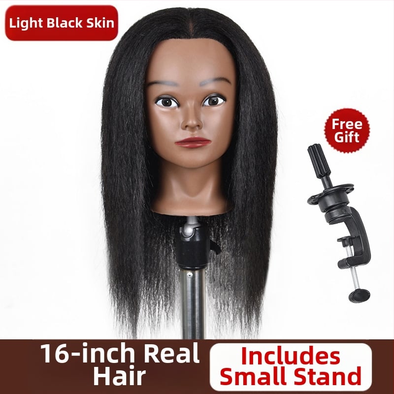 Cap de instruire cu piele închisă la culoare și păr natural, păr lung drept cu breton lateral, potrivit pentru vopsire și stilizare