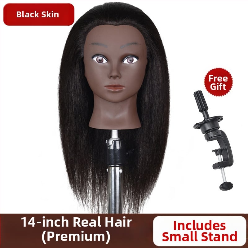 Cap de instruire cu piele închisă la culoare și păr natural, păr lung drept cu breton lateral, potrivit pentru vopsire și stilizare