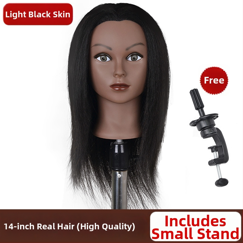 Cap de instruire cu piele închisă la culoare și păr natural, păr lung drept cu breton lateral, potrivit pentru vopsire și stilizare