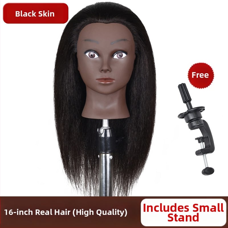 Cap de instruire cu piele închisă la culoare și păr natural, păr lung drept cu breton lateral, potrivit pentru vopsire și stilizare