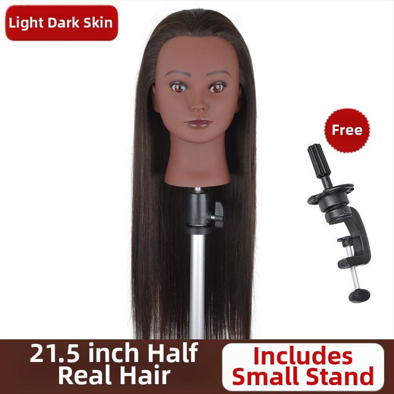 Cap de instruire cu piele închisă la culoare și păr natural, păr lung drept cu breton lateral, potrivit pentru vopsire și stilizare