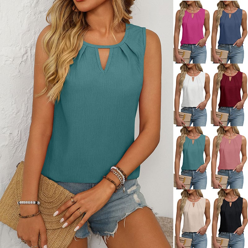 Ženska bezrukavna T-shirt, Slim Fit, Ice Silk Wrinkled tkanina, Okrugli izrez