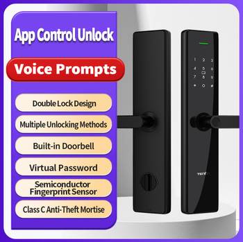 Încuietoare biometrică pentru ușă din lemn, interior – Model T15, 100 amprente stocate, scanare sub 0,5 s, alimentare cu baterie, design impermeabil, opțiuni: amprentă, card, parolă, cheie