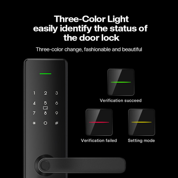 Încuietoare biometrică pentru ușă din lemn, interior – Model T15, 100 amprente stocate, scanare sub 0,5 s, alimentare cu baterie, design impermeabil, opțiuni: amprentă, card, parolă, cheie