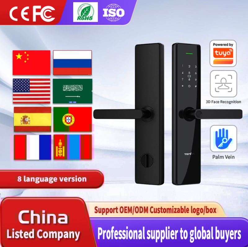 Încuietoare biometrică pentru ușă din lemn, interior – Model T15, 100 amprente stocate, scanare sub 0,5 s, alimentare cu baterie, design impermeabil, opțiuni: amprentă, card, parolă, cheie