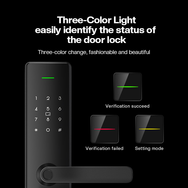 Încuietoare biometrică pentru ușă din lemn, interior – Model T15, 100 amprente stocate, scanare sub 0,5 s, alimentare cu baterie, design impermeabil, opțiuni: amprentă, card, parolă, cheie