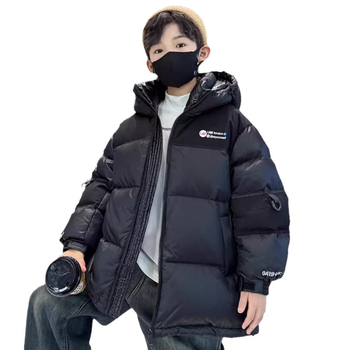 Παιδικό χειμερινό παλτό με γέμισμα από συνθετικό βαμβάκι, εξωτερικό υλικό πολυεστέρα και επένδυση πολυεστέρα, κουκούλα, για αγόρια 3–8 ετών, χαλαρό στυλ, Χειμώνας 2025