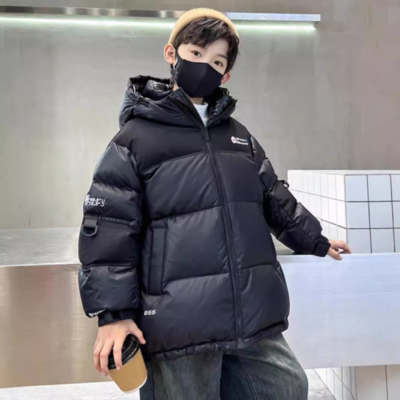Παιδικό χειμερινό παλτό με γέμισμα από συνθετικό βαμβάκι, εξωτερικό υλικό πολυεστέρα και επένδυση πολυεστέρα, κουκούλα, για αγόρια 3–8 ετών, χαλαρό στυλ, Χειμώνας 2025
