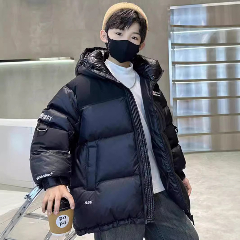 Παιδικό χειμερινό παλτό με γέμισμα από συνθετικό βαμβάκι, εξωτερικό υλικό πολυεστέρα και επένδυση πολυεστέρα, κουκούλα, για αγόρια 3–8 ετών, χαλαρό στυλ, Χειμώνας 2025