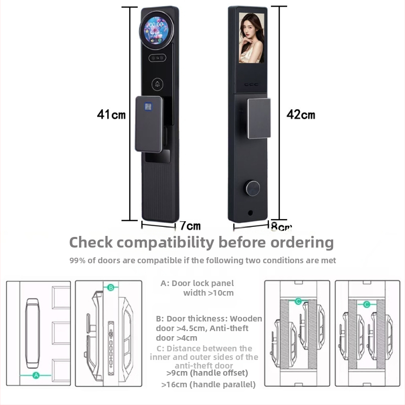 Lacăt inteligent pentru ușă cu AI multilingv, recunoaștere facială și a venelor palmei, acces prin amprentă, control de la distanță, ecran dual HD