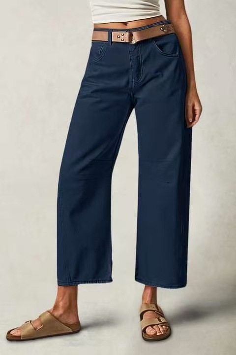 Denim hlače s pravim krojem, srednji pojas, patchwork detalj, mješavina pamuka i poliestera, europski i američki stil