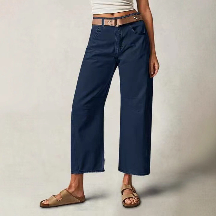 Denim hlače s pravim krojem, srednji pojas, patchwork detalj, mješavina pamuka i poliestera, europski i američki stil